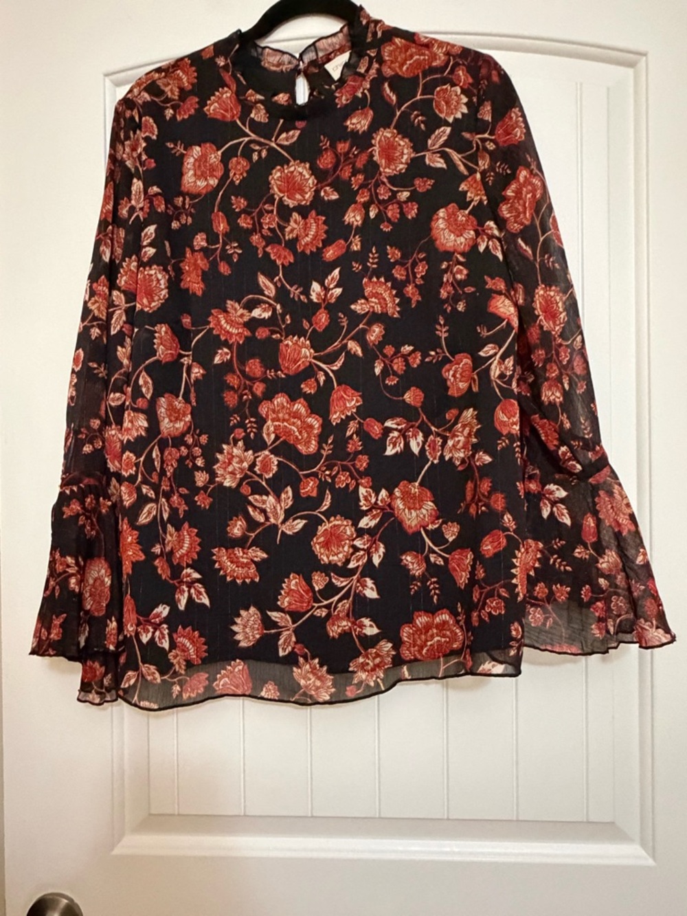 Chico's Black, Rust, & Cream Floral Blouse with Metallic Thread Sz 3